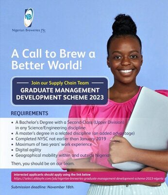 Nigerian Breweries Graduate Management Development Scheme 2023 for young Nigerian graduates.
