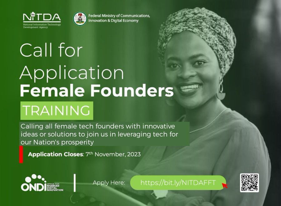 The NITDA Female Founders TRAINING Programme for female tech founders, developers, or tech enthusiasts.